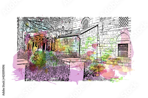 Building view with landmark of Konya is a city south of Ankara in Turkey. Watercolor splash with hand drawn sketch illustration in vector.