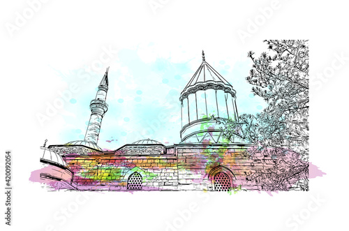 Building view with landmark of Konya is a city south of Ankara in Turkey. Watercolor splash with hand drawn sketch illustration in vector.