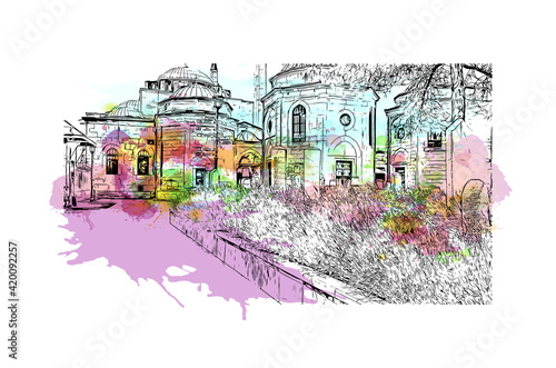 Building view with landmark of Konya is a city south of Ankara in Turkey. Watercolor splash with hand drawn sketch illustration in vector.