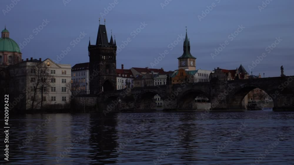 .stabilized view of Charles Bridge on the Vltava River in the center of Prague in the early evening at sunset .stabilized view of Charles Bridge on the Vltava River in the center of Prague in the early evening at sunset