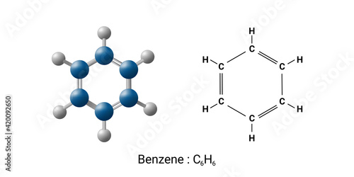 Benzene Molecule Structure, Organic chemical compound, Structural formula. Concept for basic chemistry, education. Vector illustration