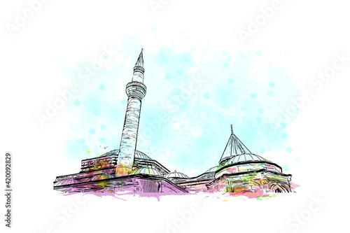 Building view with landmark of Konya is a city south of Ankara in Turkey. Watercolor splash with hand drawn sketch illustration in vector.