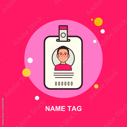 name tag with person wearing spectacles on red background flat concept design