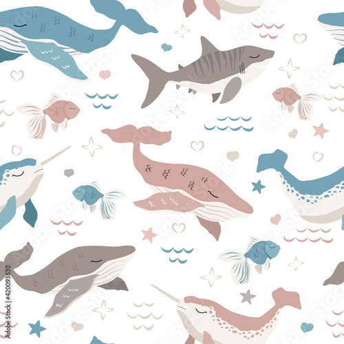Fototapeta Naklejka Na Ścianę i Meble -  cute whales, shark and norwhal vector seamless pattern on white background 