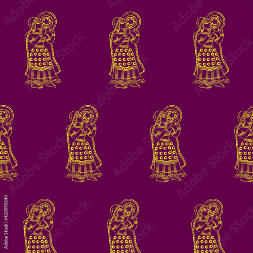 women men from royal families drawn in Madhubani Kalamkari style for textile printing, India. It can be used for a coloring book, textile/ fabric prints, phone case, greeting card. logo, calendar