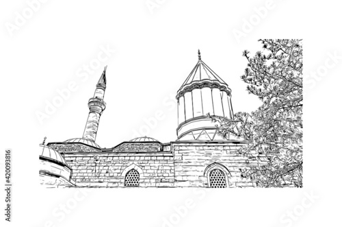 Building view with landmark of Konya is a city south of Ankara in Turkey. Hand drawn sketch illustration in vector.