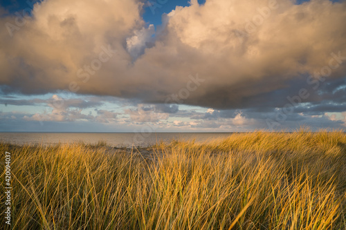 Sunset View from dune top over North Sea at the dutch islands