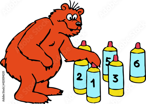Vector drawing of a brown bear looking numbered skittles