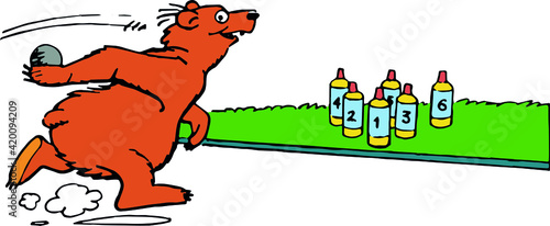 Vector drawing of a brown bear running towards the numbered skittles