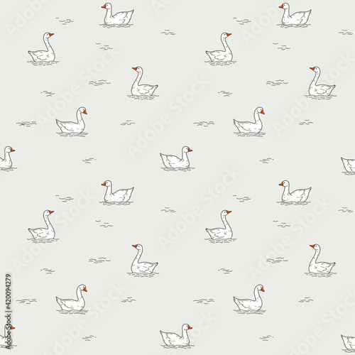 Goose swims in the water. Seamless trendy pattern with domestic fowl. Outline vector illustration for prints, clothing, packaging and postcards.