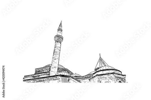 Building view with landmark of Konya is a city south of Ankara in Turkey. Hand drawn sketch illustration in vector.