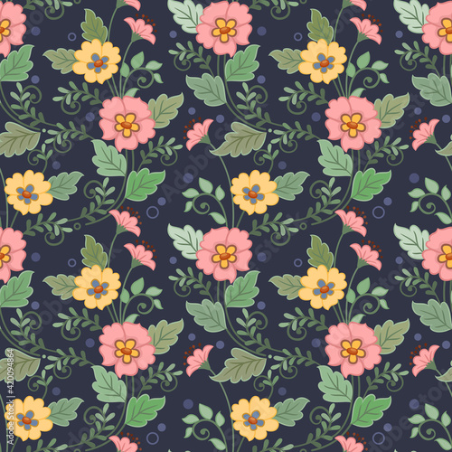 Floral seamless pattern with dark blue monochrome background for fabric, textile, and wallpaper.
