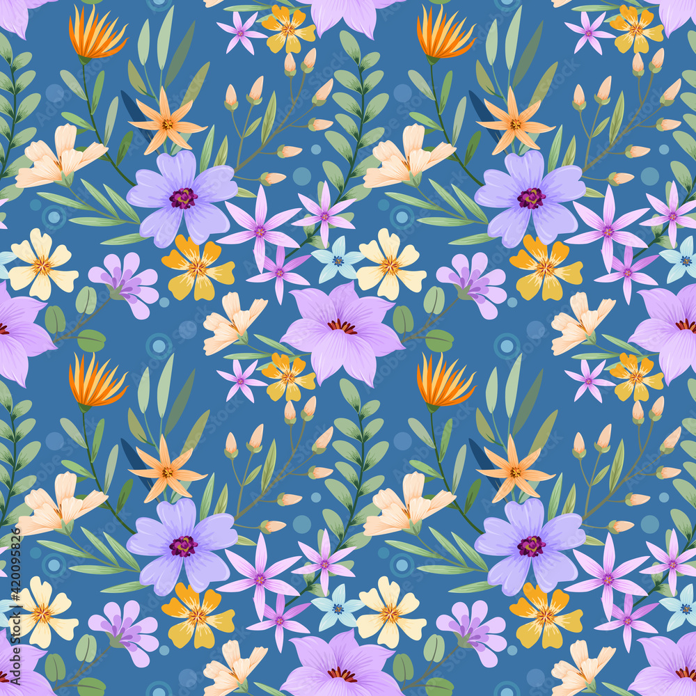 Floral seamless pattern with blue monochrome background for fabric, textile, and wallpaper.