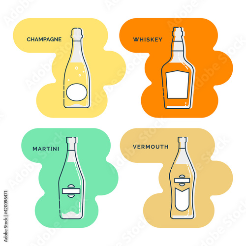 Bottle champagne whiskey martini vermouth line art in flat style. Restaurant alcoholic illustration for celebration design. Beverage outline icon. Isolated on shape background in contour style