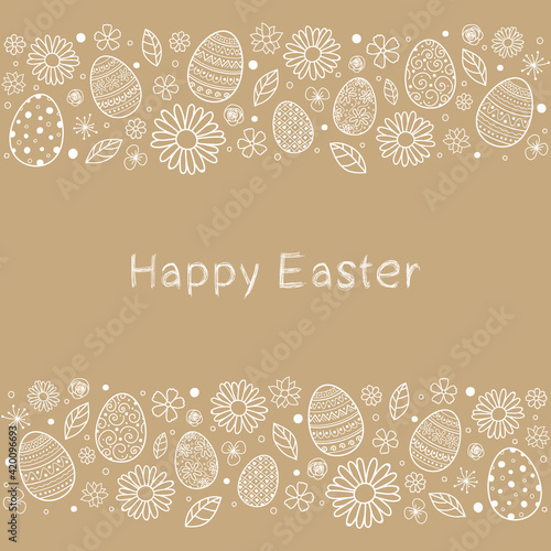 Easter greeting card with decorative eggs nad flowers. Vector