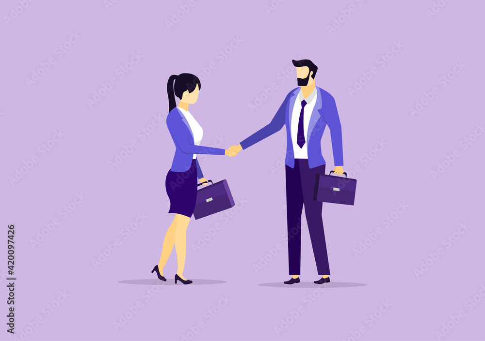 Business persons shaking hands on Purple background. Cooperation, business partner and agreement concept. Template for banner, website and infographics. Flat vector illustration Business persons shaking hands on Purple background. Cooperation, business partner and agreement concept. Template for banner, website and infographics. Flat vector illustration