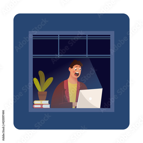 Funny Cartoon Character. Hipster Sitting in the Room and Working with Laptop. Vector. Night owl person flat vector illustration. Man working at home during the night while rest of neighbours are