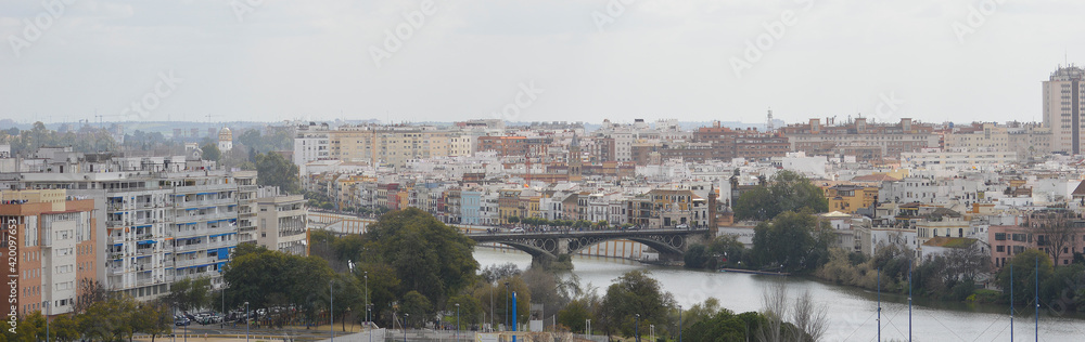 Aerial view of Triana and the river Guadalquivir. Seville, Spain
