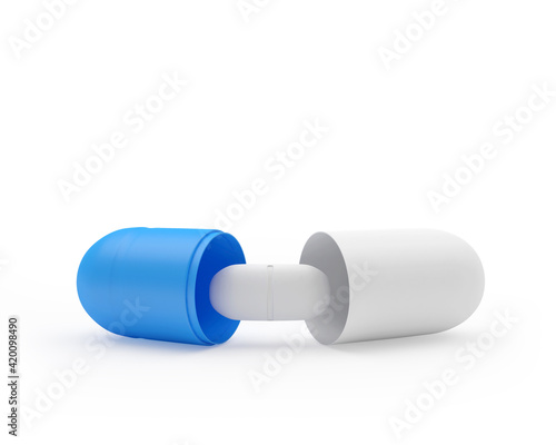 A white pill inside a white-blue medical capsule. 3D illustration 