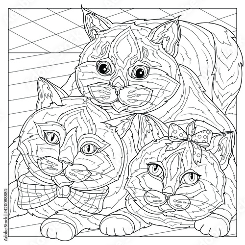 Cats.Coloring book antistress for children and adults. Illustration isolated on white background.Zen-tangle style. Hand draw