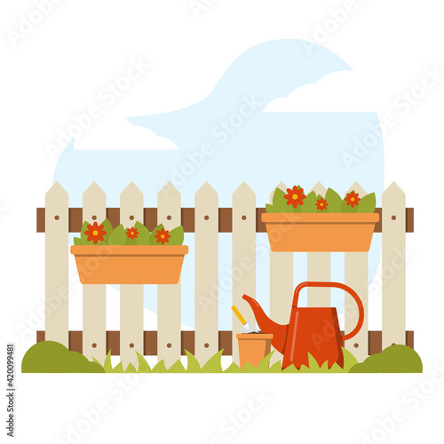 Spring garden landscape with a fence, watering can and flowers. Illustration for the site, postcards.