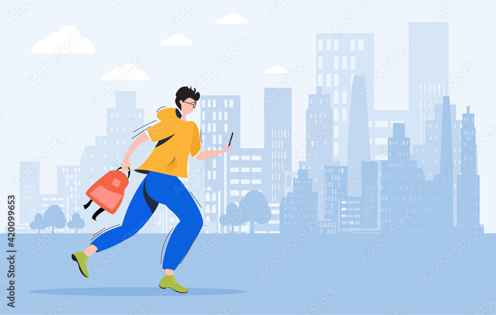 Young man, teenager student with backpack in his hand running fast with mobile in his hand.Flat style vector character illustration with cityscape, landscape. Young man, teenager student with backpack in his hand running fast with mobile in his hand.Flat style vector character illustration with cityscape, landscape.