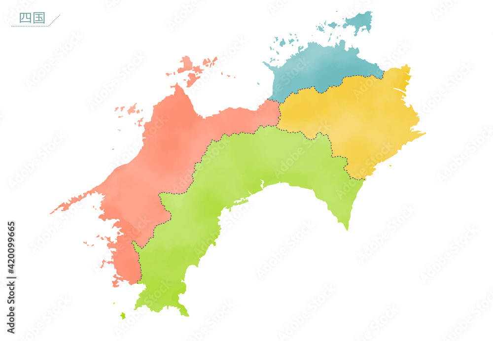 Fototapeta premium カラフルな水彩風の日本地図 四国