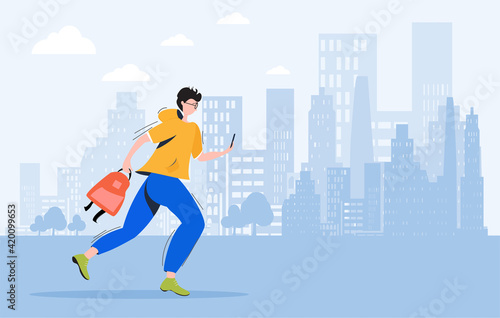 Young man, teenager student with backpack in his hand running fast with mobile in his hand.Flat style vector character illustration with cityscape, landscape.