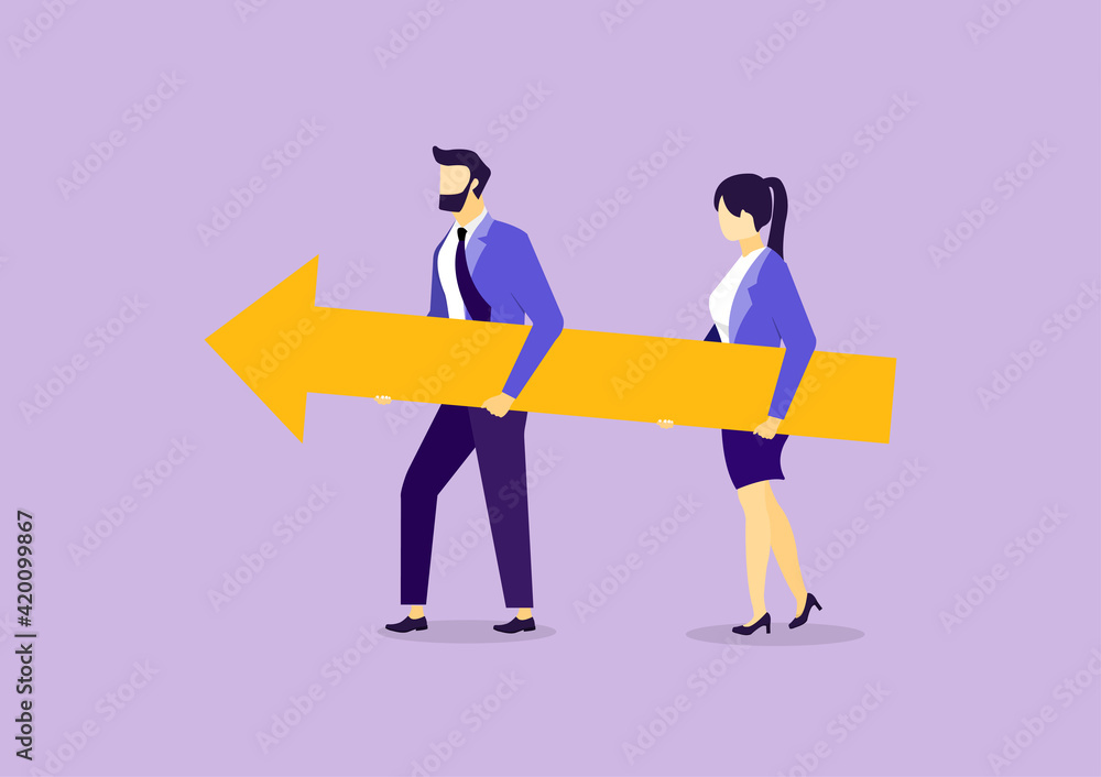 Business people hold arrows to move forward.
Business growth and success. Teamwork and team building.  Cooperation interaction. Collaboration teamwork. Business concept. Flat vector illustration