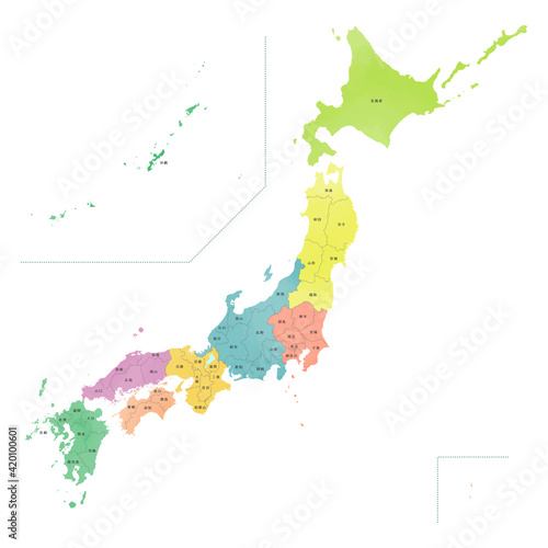 カラフルな水彩風の日本地図