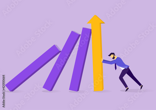 Business man pushing bar graph falling in economic collapse for business survival. Domino effect. Symbol of crisis, risk. Concept for business failure, leadership and determination. Flat vector