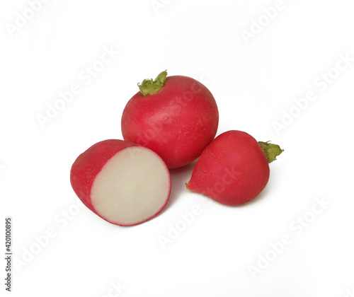 red radishes on white background