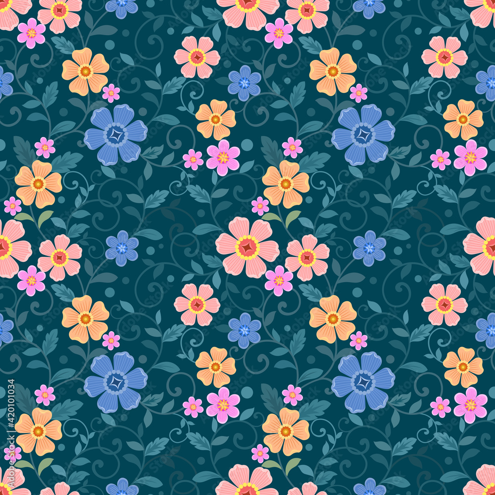 Floral seamless pattern with dark green monochrome background for fabric, textile, and wallpaper. Floral seamless pattern with dark green monochrome background for fabric, textile, and wallpaper.