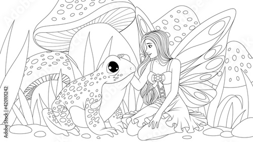 Vector illustration, a beautiful fairy stroking a frog in a meadow of flowers with mushrooms