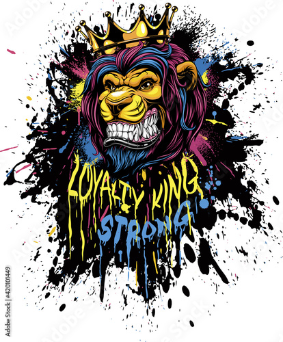 Vector illustration, a ferocious lion in a crown grins, with grunge effects on a clamped background