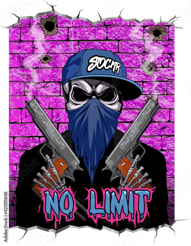 Vector illustration, the skeleton of a street bandit in a cap with pistols in a bandana