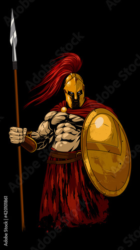 Vector illustration, a strong Greek warrior Spartan, holding a spear and shield