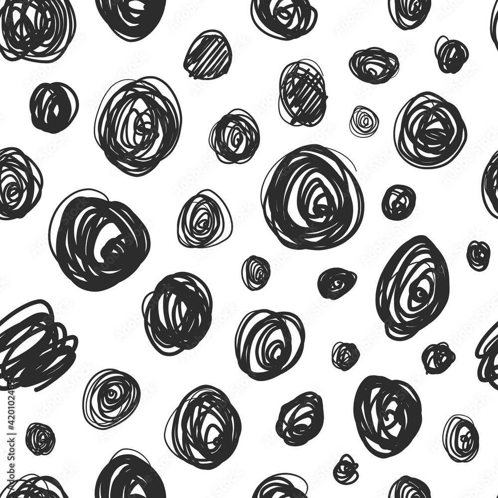 Scribble circles hand drawn seamless vector pattern. Chaotic rings ink dirty texture. Scribble circles hand drawn seamless vector pattern. Chaotic rings ink dirty texture.