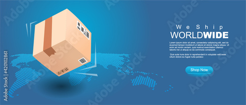 we ship world wide banner. 3d style shipping package in front of map, clean modern style vector illustration