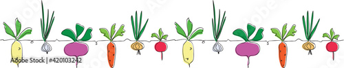 Сolorful vector vegetables in one continuous line drawing style, repeating group of elements: beet, carrot, radish, turnip, onion, garlic. Design farmer market, ecofood, diet menu. Сan be repeated.