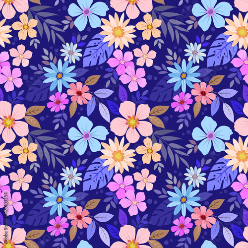 Floral seamless pattern with blue monochrome background for fabric  textile  and wallpaper.