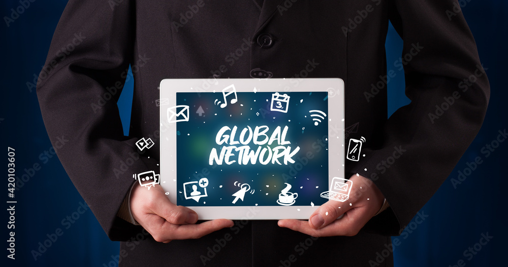 Person holding tablet, social network concept Person holding tablet, social network concept