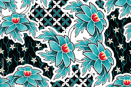 Seamless pattern with tropical flower vector Illustration, batik style 