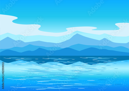 Vector horizontal landscape background with mountains, sea and clouds in a simple modern style.