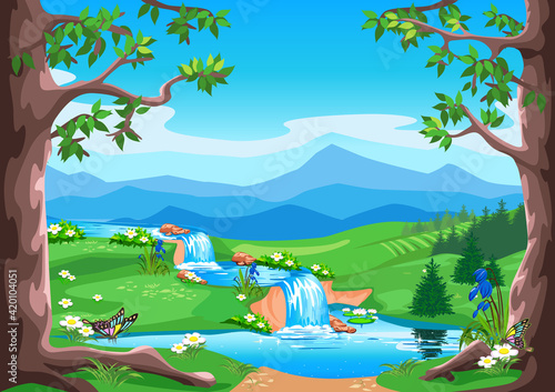Vector horizontal background fairy tale summer landscape with forest, waterfall, valley and mountains in cartoon style.