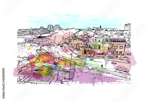 Building view with landmark of  Las Palmas is the 
city in Spain. Watercolour splash with hand drawn sketch illustration in vector.