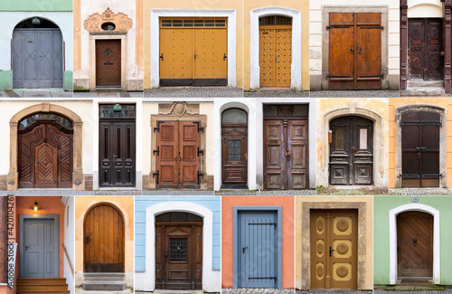 Collection of various 19 vintage front doors to historic houses. High resolution collage of historic wooden doors and gates