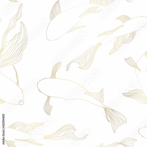 Fish graphic golden line seamless pattern background sketch illustration. Japanese Koi carps, golden fish  backgriund. Etched ocean fish wrapper. White background.