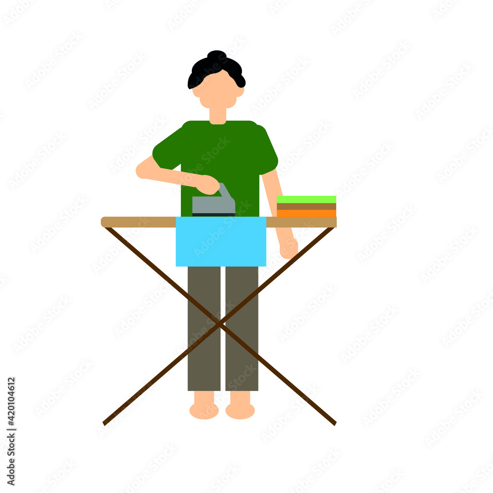 A woman is ironing clothes on an ironing board. Vector illustration. A woman is ironing clothes on an ironing board. Vector illustration.