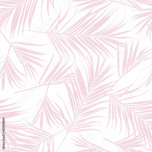Nature seamless pattern. Hand drawn tropical summer background: pink white palm tree leaves, line art background. 